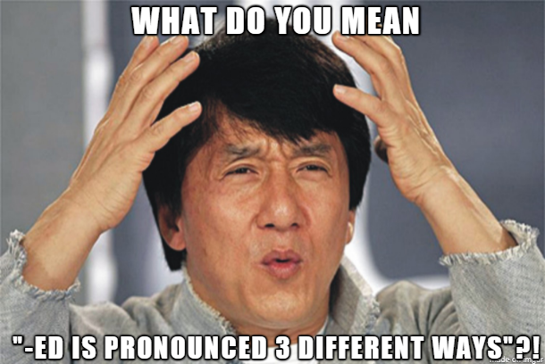 pronúncia de -ed no simple past imagem com uma pessoa confusa e a frase what do you mean -ed is pronounced 3 different ways?!